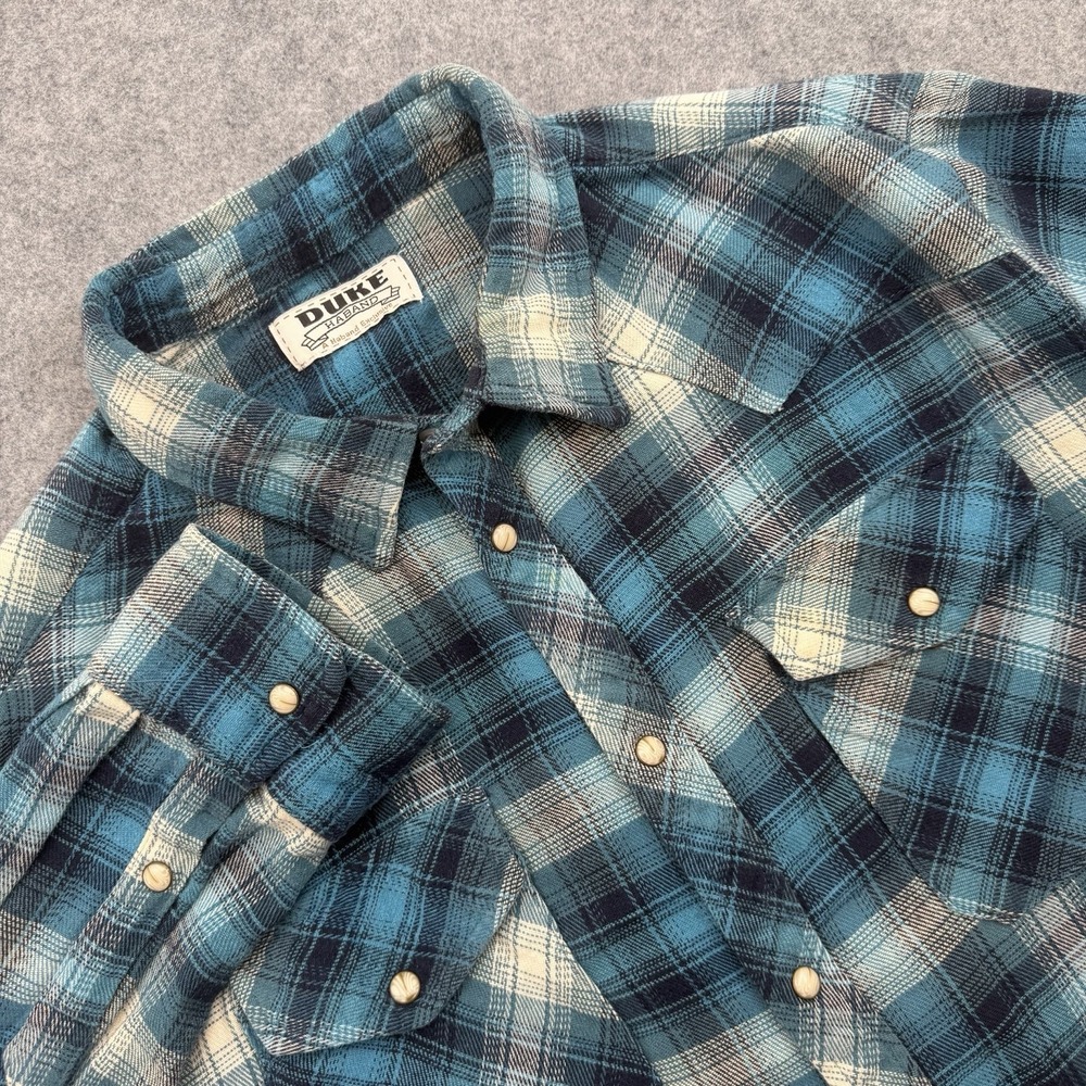Vintage Duke Haband Mens Blue Teal Plaid Flannel Western Pearl Snap Shirt L